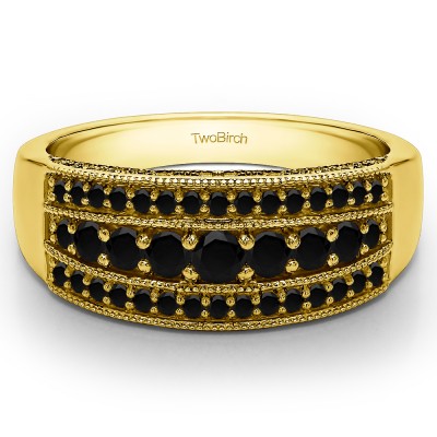 0.71 Carat Black Three Row Vintage Millgrain Wedding Ring in Yellow Gold
