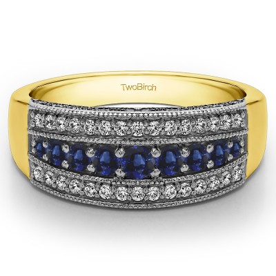 0.71 Carat Sapphire and Diamond Three Row Vintage Millgrain Wedding Ring in Two Tone Gold