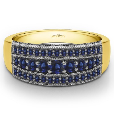 0.71 Carat Sapphire Three Row Vintage Millgrain Wedding Ring in Two Tone Gold