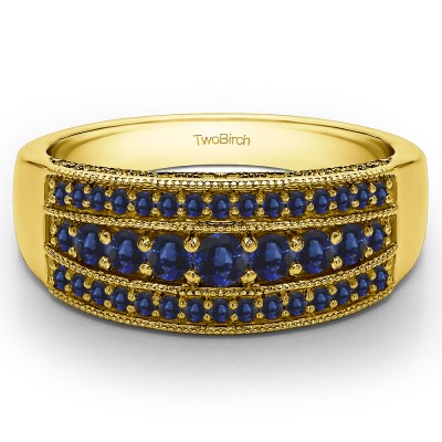 0.71 Carat Sapphire Three Row Vintage Millgrain Wedding Ring in Yellow Gold