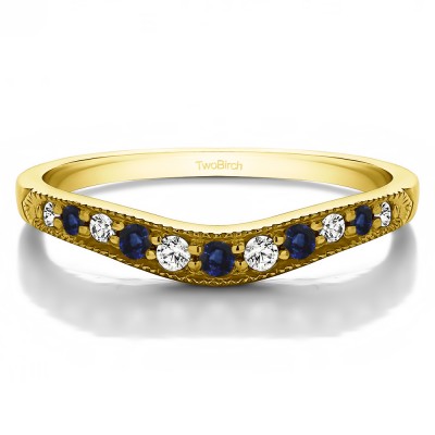 0.2 Ct. Sapphire and Diamond Millgrained Edge Shared Prong Shadow Band in Yellow Gold