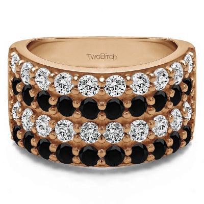 2 Carat Black and White Wide 4 Row Double Shared Prong Wedding Ring   in Rose Gold