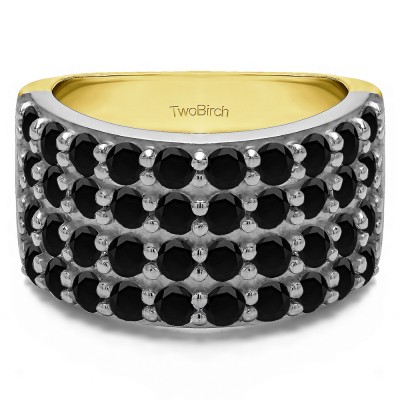 2 Carat Black Wide 4 Row Double Shared Prong Wedding Ring   in Two Tone Gold