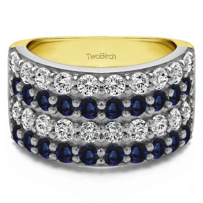2 Carat Sapphire and Diamond Wide 4 Row Double Shared Prong Wedding Ring   in Two Tone Gold