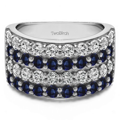 2 Carat Sapphire and Diamond Wide 4 Row Double Shared Prong Wedding Ring