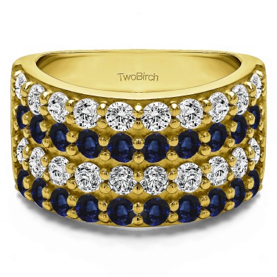 2 Carat Sapphire and Diamond Wide 4 Row Double Shared Prong Wedding Ring   in Yellow Gold