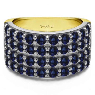 2 Carat Sapphire Wide 4 Row Double Shared Prong Wedding Ring   in Two Tone Gold