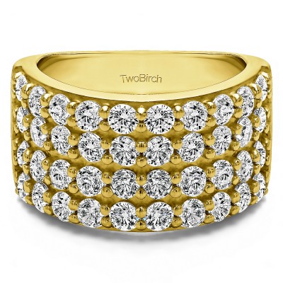 2 Carat Wide 4 Row Double Shared Prong Wedding Ring   in Yellow Gold