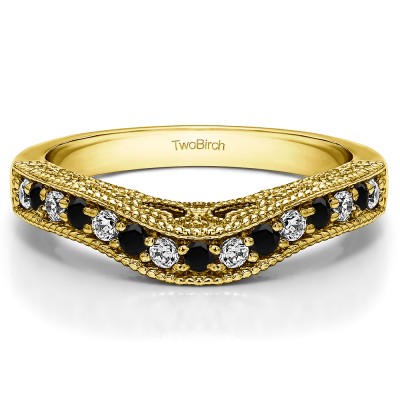 0.3 Ct. Black and White Vintage Millgrained and Filigree Contour Wedding Ring in Yellow Gold