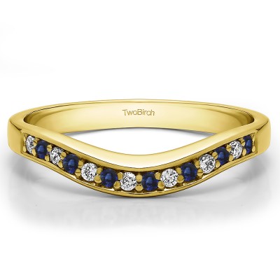 0.18 Ct. Sapphire and Diamond Fourteen Stone Prong In Channel Curved Ring in Yellow Gold