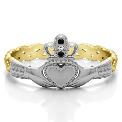 0.02 Carat Black and White Celtic Claddagh Wedding Ring   in Two Tone Gold