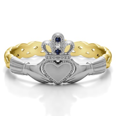 0.02 Carat Sapphire and Diamond Celtic Claddagh Wedding Ring   in Two Tone Gold