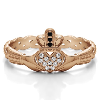 0.07 Carat Black and White Celtic Claddagh Wedding Ring with Pave Heart    in Rose Gold