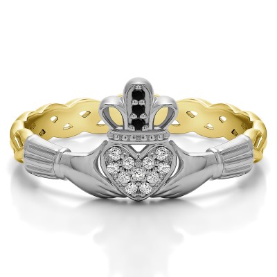 0.07 Carat Black and White Celtic Claddagh Wedding Ring with Pave Heart    in Two Tone Gold