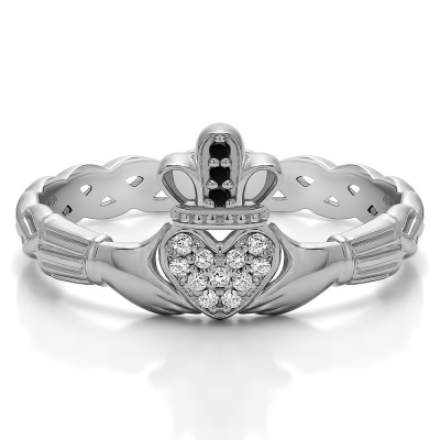 0.07 Carat Black and White Celtic Claddagh Wedding Ring with Pave Heart
