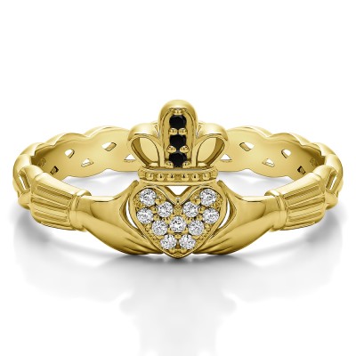 0.07 Carat Black and White Celtic Claddagh Wedding Ring with Pave Heart    in Yellow Gold