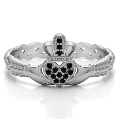 0.07 Carat Black Celtic Claddagh Wedding Ring with Pave Heart