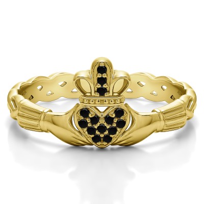 0.07 Carat Black Celtic Claddagh Wedding Ring with Pave Heart    in Yellow Gold