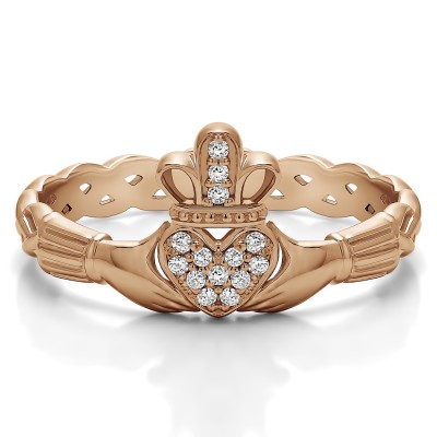 0.07 Carat Celtic Claddagh Wedding Ring with Pave Heart    in Rose Gold