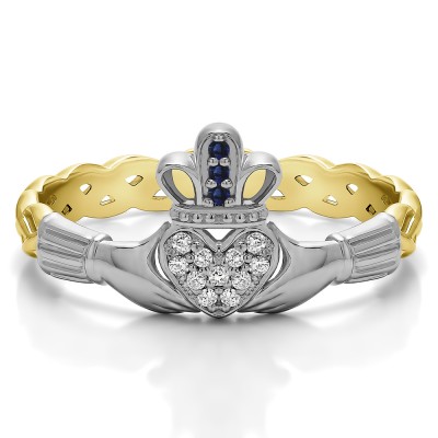 0.07 Carat Sapphire and Diamond Celtic Claddagh Wedding Ring with Pave Heart    in Two Tone Gold