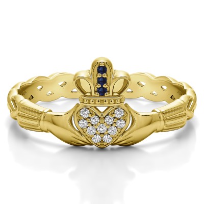 0.07 Carat Sapphire and Diamond Celtic Claddagh Wedding Ring with Pave Heart    in Yellow Gold