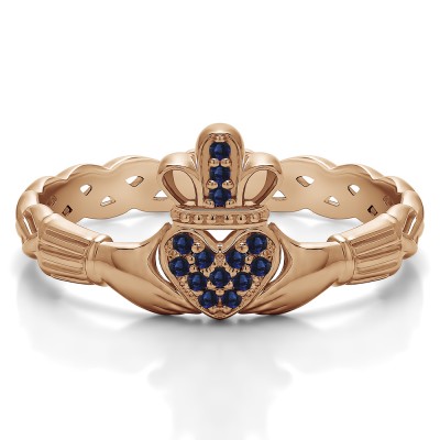 0.07 Carat Sapphire Celtic Claddagh Wedding Ring with Pave Heart    in Rose Gold