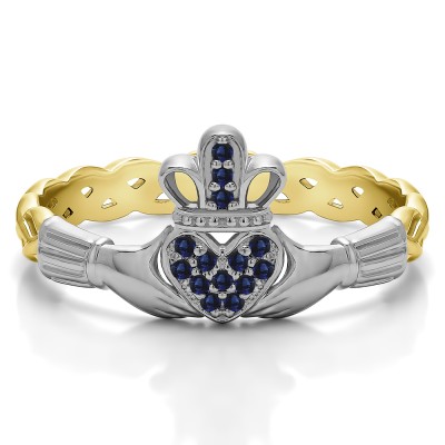 0.07 Carat Sapphire Celtic Claddagh Wedding Ring with Pave Heart    in Two Tone Gold