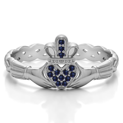 0.07 Carat Sapphire Celtic Claddagh Wedding Ring with Pave Heart