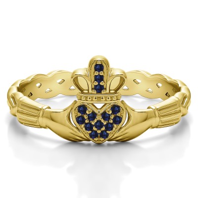 0.07 Carat Sapphire Celtic Claddagh Wedding Ring with Pave Heart    in Yellow Gold