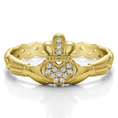 0.07 Carat Celtic Claddagh Wedding Ring with Pave Heart    in Yellow Gold