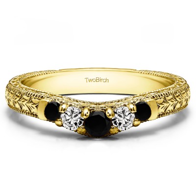 0.33 Ct. Black and White Vintage Engraved Curved Ring in Yellow Gold