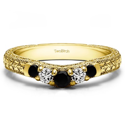 0.33 Ct. Black and White Vintage Engraved Curved Ring in Yellow Gold