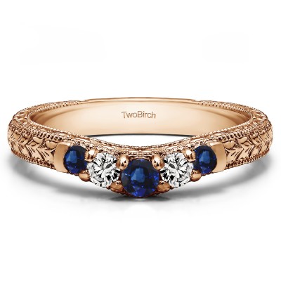 0.33 Ct. Sapphire and Diamond Vintage Engraved Curved Ring in Rose Gold