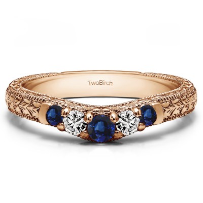 0.33 Ct. Sapphire and Diamond Vintage Engraved Curved Ring in Rose Gold