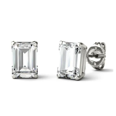 TwoBirch 2 Carat DEW Emerald Cut Moissanite Stud Earrings set In 18k White Gold Plated Silver (Certified)