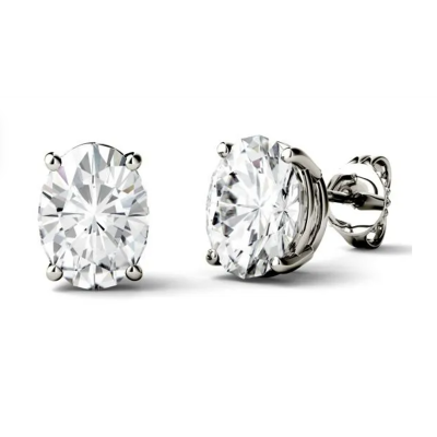 TwoBirch 2 Carat DEW Oval Cut Moissanite Stud Earrings set In 18k White Gold Plated Silver (Certified)