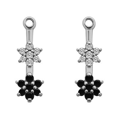 0.19 Carat Black and White Double Flower Dangle Earring Jackets