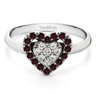 0.36 Carat Two Hearts One Love Ring With Synthetic Diamond and Ruby Mounted in Sterling Silver (Size 7.25)