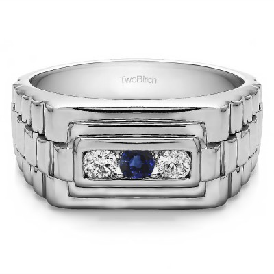 0.3 Ct. Sapphire and Diamond Three Stone Men's Wedding Ring with Ribbed Edges