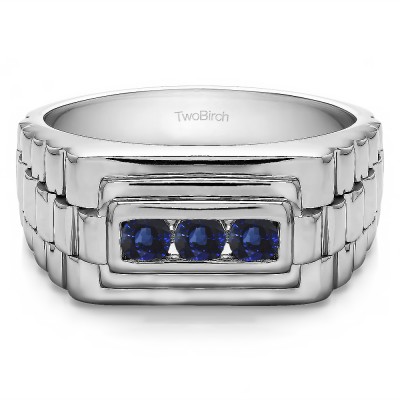 0.3 Ct. Sapphire Three Stone Men's Wedding Ring with Ribbed Edges