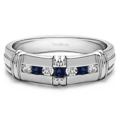 0.31 Ct. Sapphire and Diamond Seven Stone Channel Set Men's Wedding Ring with Raised Design