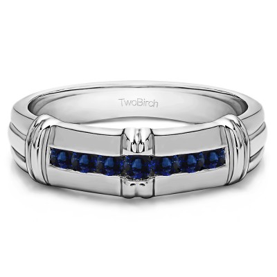 0.31 Ct. Sapphire Seven Stone Channel Set Men's Wedding Ring with Raised Design