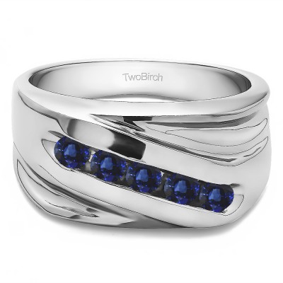 1 Ct. Sapphire Five Stone Channel Set Ribbed Shank Men's Wedding Band