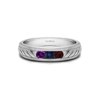 0.5 Ct. Three Birthstone Men's Wedding Ring with Ribbed Shank in White Gold