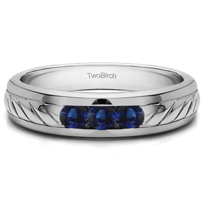 0.5 Ct. Sapphire Three Stone Men's Wedding Ring with Ribbed Shank