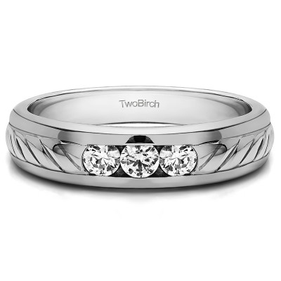 0.5 Ct. Three Stone Men's Wedding Ring with Ribbed Shank With Cubic Zirconia Mounted in Sterling Silver.(Size 9)