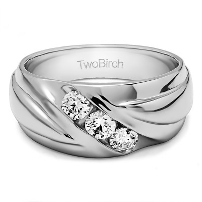 0.75 Ct. Three Stone Channel Set Ribbed Men's Wedding Ring With Cubic Zirconia Mounted in Sterling Silver.(Size 8.75)