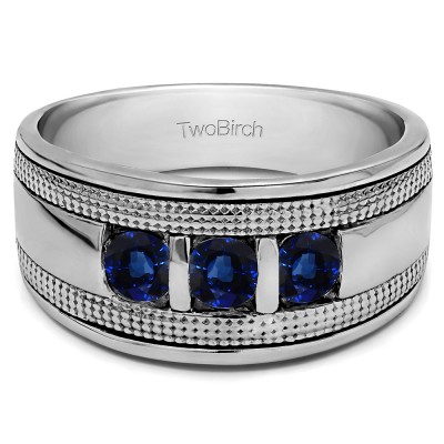 0.5 Ct. Sapphire Three Stone Bar Set Men's Ring with Millgrained Detailing