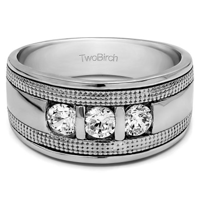 0.33 Ct. Three Stone Bar Set Men's Ring with Millgrained Detailing