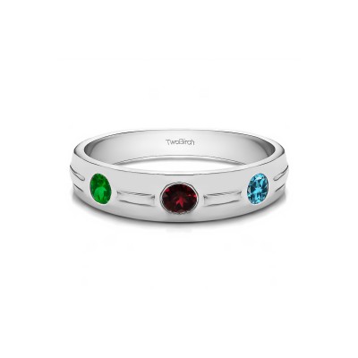 0.48 Ct. Birthstone Burnished Three Stone Men's Wedding Ring with Ribbed Shank in White Gold